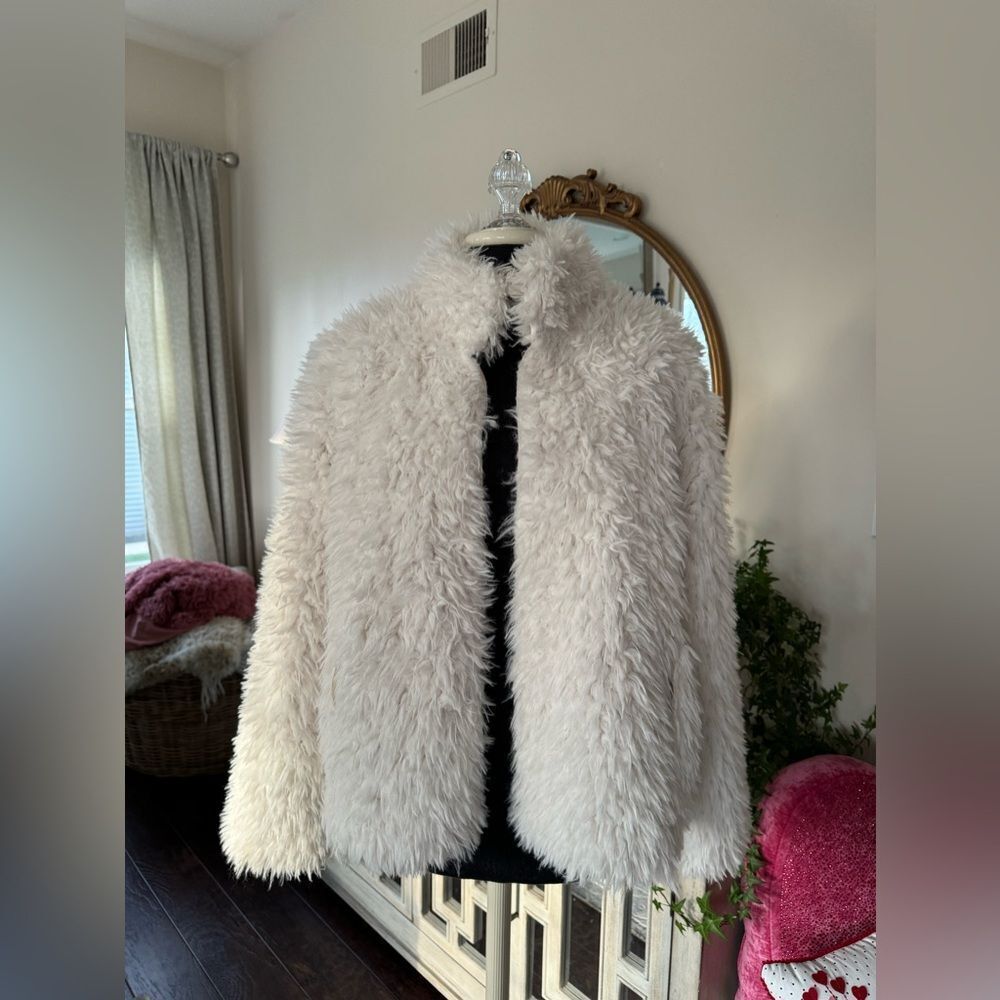 Cream, faux, fur jacket, size medium
